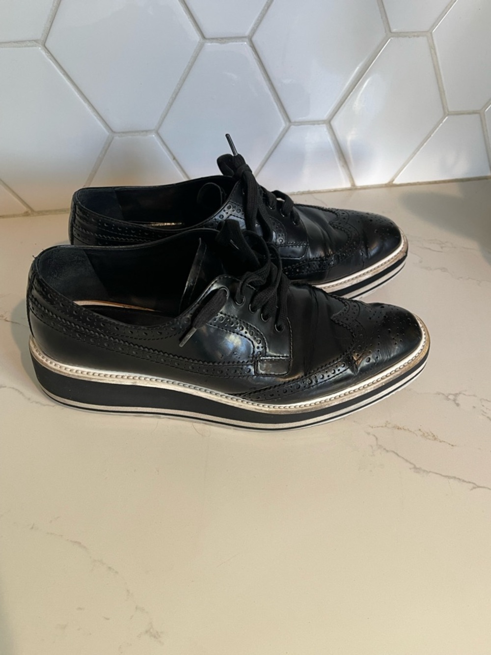 Prada Black Leather Brogue Oxfords - Picture 4 of 16